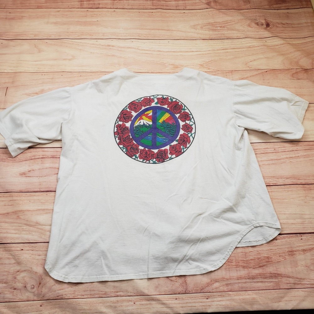 Vintage Peace Sign Roses Shirt Mens XL White Button Front Jersey Graphic 90s